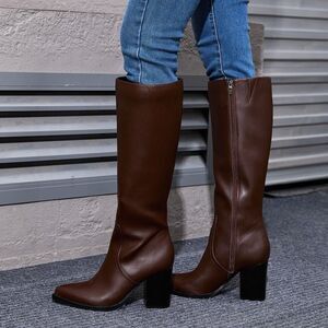 (N4) MOTIMODEN Women Knee High Boots Retro Chunky Heel Pointed Toe Pull On Sz 11